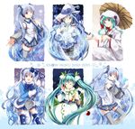  2015 6+girls ahoge aqua_hair blue_eyes blue_hair character_name closed_eyes detached_sleeves earmuffs fingerless_gloves gloves hair_ribbon hairband hat hatsune_miku headset highres hood iroha_(shiki) japanese_clothes kimono leaf long_hair magic_circle magical_girl md5_mismatch mittens multiple_girls necktie one_eye_closed oriental_umbrella pantyhose ribbon scarf shovel sitting skirt smile snow snow_bunny snowflakes suki!_yuki!_maji_magic_(vocaloid) thighhighs twintails uchikake umbrella very_long_hair vocaloid witch_hat yuki_miku 