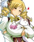  :3 between_breasts blonde_hair blush breasts bursting_breasts corset detached_sleeves drill_hair hair_ornament half-closed_eyes hat highres huge_breasts kyubey magical_girl mahou_shoujo_madoka_magica mouth_hold nomiya37564 puffy_sleeves smile tomoe_mami twin_drills 