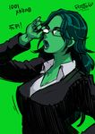  adjusting_eyewear breasts butcha-u formal glasses green green_background green_hair green_skin jennifer_walters lips long_hair marvel medium_breasts open_mouth she-hulk solo suit 