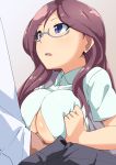  1boy 1girl bangs blue_eyes blush breast_squeeze breasts brown_hair dress_shirt glasses hetero highres idolmaster idolmaster_cinderella_girls large_breasts long_hair looking_up open_clothes open_mouth open_shirt paizuri paizuri_under_clothes shirt short_sleeves solo_focus underboob yagami_makino yuuichi_(reductionblack) 