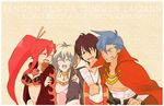  2girls animal animal_between_breasts arm_around_neck between_breasts bikini_top black_hair blue_hair boota breasts cape grin hazuki_(pacco) kamina multicolored_hair multiple_boys multiple_girls nia_teppelin ponytail red_hair simon smile tengen_toppa_gurren_lagann two-tone_hair yoko_littner 