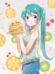  ahoge aqua_eyes aqua_hair bangs belt casual cherry collared_shirt confetti fly_(marguerite) food fruit hair_ornament hairpin hatsune_miku holding holding_plate kiwi_slice licking_lips long_hair pancake plate shirt sleeveless sleeveless_shirt solo stack_of_pancakes tongue tongue_out twintails vocaloid 
