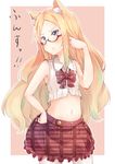  :t adjusting_hair animal_ears bad_id bad_twitter_id blonde_hair blue_eyes cat_ears commentary crop_top glasses highres long_hair midriff navel neckerchief neko_sensha original pout solo stomach translated two-tone_background 