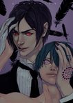  2boys amoona black_hair butler ciel_phantomhive demon formal gloves glowing glowing_eyes heterochromia kuroshitsuji male male_focus multiple_boys red_eyes sebastian_michaelis suit topless tuxedo white_gloves 