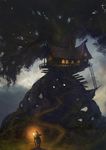  commentary_request dirt_road dusk grass hat highres house ladder light original path road roots scenery staff stairs tree treehouse witch witch_hat you_shimizu 