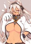  animal_ears bell between_breasts blazblue breasts brown_hair candy cat_ears cat_tail chupa_chups commentary cosplay covered_nipples dark_skin food glasses gloves hand_on_hip headgear jingle_bell kantai_collection kokonoe kokonoe_(cosplay) large_breasts lollipop long_hair mouth_hold multiple_tails musashi_(kantai_collection) open_fly paw_pose red_eyes ro-ga_(kurumaya) short_hair solo tail underboob unzipped 