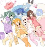  amesawa_mokke bad_id bad_pixiv_id blonde_hair blue_eyes blue_hair brown_hair closed_eyes ene_(kagerou_project) green_hair hair_ornament hairclip headphones hood hoodie kagerou_project kido_tsubomi kisaragi_momo kozakura_marry long_hair loungewear lying multiple_girls orange_hair pillow ponytail red_eyes sleepover smile tateyama_ayano twintails 