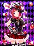  ;) argyle argyle_background blush cake character_name checkered checkered_hat copyright_name food grandia_bing hand_on_hip hat heart love_live! love_live!_school_idol_project nishikino_maki one_eye_closed plaid plaid_skirt puffy_short_sleeves puffy_sleeves purple_eyes red_hair short_sleeves skirt smile solo striped striped_legwear thighhighs 
