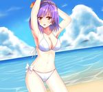  absurdres arms_up bad_id bad_pixiv_id beach bikini blush breasts cleavage day hair_ornament highres large_breasts leaf looking_at_viewer ocean open_mouth purple_hair red_eyes short_hair side-tie_bikini solo swimsuit touhou wendell yasaka_kanako 
