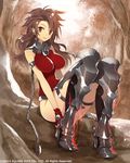  breasts brown_eyes brown_hair chain ear_piercing fire gloves greaves large_breasts leotard long_hair looking_at_viewer lost_crusade mami_(apsaras) official_art piercing red_gloves red_leotard sitting solo watermark 