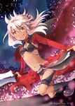  :q blush chloe_von_einzbern dark_skin dual_wielding fate/kaleid_liner_prisma_illya fate_(series) holding kanshou_&amp;_bakuya long_hair midriff navel one_knee orange_eyes silver_hair smile solo sword tongue tongue_out tougo weapon 