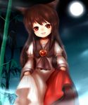  :d amanojaku animal_ears bad_id bad_pixiv_id bamboo brooch brown_hair dress dress_lift fang fangs full_moon highres imaizumi_kagerou jewelry juliet_sleeves long_hair long_sleeves moon neckerchief night open_mouth puffy_sleeves red_eyes revision smile touhou very_long_hair wolf_ears 