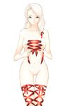  absurdres blonde_hair blue_eyes body_piercings breasts chii_in_baru_saba corset_piercing earrings hair_ribbon highres jewelry large_breasts long_hair navel nipple_piercing nipple_rings nipples no_pussy nude original piercing red_ribbon ribbon solo thigh_gap thigh_ribbon 