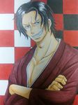  1boy alternate_costume checkered checkered_background crossed_arms freckles japanese_clothes male male_focus one_piece portgas_d_ace rascal_(fc3srx-75480) smile solo 