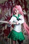  1girl blood cosplay glasses highschool_of_the_dead long_hair looking_at_viewer photo pink_hair school_uniform skirt solo standing takagi_saya 