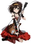  arm_warmers bangs blush brown_eyes brown_hair choker dress electric_guitar full_body guitar hair_ribbon headset highres instrument jewelry kneehighs kneeling looking_at_viewer necklace non-web_source official_art one_eye_closed ribbon short_hair single_kneehigh single_thighhigh smile solo suzumiya_haruhi suzumiya_haruhi_no_yuuutsu thighhighs transparent_background 