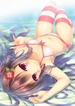  bikini blush breasts brown_hair day flower front-tie_top hair_flower hair_ornament highres long_hair navel original outdoors partially_submerged red_eyes ryo side-tie_bikini small_breasts striped striped_legwear swimsuit thighhighs water wet 