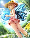  ass bare_shoulders blonde_hair blue_wings butterfly_wings cloud day flower from_behind green_eyes hat highres holding lens_flare looking_at_viewer looking_back lost_crusade namaru_(summer_dandy) one-piece_swimsuit short_hair sky smile solo sun sun_hat swimsuit tree water wings 