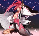  baiken breasts cherry_blossoms cleavage facial_tattoo guilty_gear hyakuhachi_(over3) katana kneeling large_breasts long_hair one-eyed pink_hair ponytail scar scar_across_eye solo sword tattoo weapon 
