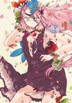  arm_up breasts center_opening cleavage dress eyepatch flower glasses hair_flower hair_ornament hand_on_hip hrd looking_at_viewer medium_breasts original pink_hair purple_eyes solo wind 
