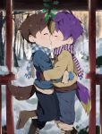  2018 absurd_res animal_humanoid boots brown_hair canine canine_humanoid child clothed clothing dog_humanoid duo eyes_closed footwear fox_humanoid hair hi_res holly_(plant) humanoid jacket kissing male male/male mammal mittens outside pants plant purple_hair scarf snow thebrushking young 