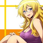  bare_shoulders ben-tou blonde_hair blue_eyes blush breasts cleavage covered_nipples glasses hairu large_breasts long_hair semi-rimless_eyewear shaga_ayame sitting smile solo tank_top under-rim_eyewear 