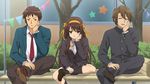  2boys :&lt; :d angry bangs bench black_legwear bow brown_hair bush fabulous gakuran game_cg hair_ribbon hand_on_own_chin highres kita_high_school_uniform kneehighs koizumi_itsuki kouyouen_academy_uniform kyon laughing loafers long_hair multiple_boys necktie non-web_source open_mouth pen pole ribbon school_uniform shoes sidelocks sitting smile suzumiya_haruhi suzumiya_haruhi_no_shoushitsu suzumiya_haruhi_no_tsuisou suzumiya_haruhi_no_yuuutsu tree window 