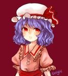  absurdres bad_id bad_pixiv_id blue_hair expressionless hat hat_ribbon highres meshi-dan mob_cap puffy_short_sleeves puffy_sleeves red_background red_eyes remilia_scarlet ribbon short_hair short_sleeves simple_background touhou upper_body wing_collar 