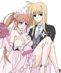  blonde_hair blush bouquet boutonniere breast_grab breasts bride cleavage couple dress elbow_gloves elf_(stroll_in_the_woods) fate_testarossa flower formal gloves grabbing groom jewelry long_hair lyrical_nanoha mahou_shoujo_lyrical_nanoha medium_breasts multiple_girls panties ring smile suit takamachi_nanoha translated underwear wedding wedding_band wedding_dress wife_and_wife yuri 