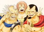  1girl 2boys black_hair cape daughter dressrosa family father father_and_daughter gladiator grandchild grandfather king king_riku kyros multiple_boys one_piece open_mouth pink_hair princess puniatta rebecca_(one_piece) scar smile v white_hair 