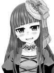 :d accessories blush bow brooch collarbone cross-laced_clothes detached_collar dust_chamber_(ole_tower) dust_collector_(ole_tower) fang fangs greyscale hair_bow headwear jewelry looking_at_viewer monochrome ole_tower open_mouth parted_lips simple_background smile solo teeth tong_(pixiv10987473) white_background 