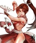  bare_shoulders breasts brown_eyes brown_hair downscaled fan folding_fan highres large_breasts md5_mismatch pelvic_curtain ponytail resized shiranui_mai sideboob solo sowel_(sk3) the_king_of_fighters 