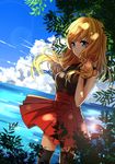  absurdres black_legwear blonde_hair blue_eyes day highres long_hair no_hat no_headwear ocean outdoors pokemon pokemon_(game) pokemon_xy red_skirt serena_(pokemon) skirt sleeveless smile solo thighhighs transistor zettai_ryouiki 