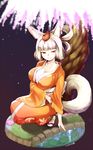  2014 animal_ears breasts cleavage dated flower fox_ears fox_tail japanese_clothes kimono kongiku large_breasts leaf leaf_on_head nagian oboro_muramasa silver_hair smile solo tail wisteria 