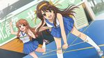  arm_up artist_request asahina_mikuru bare_shoulders baton brown_eyes brown_hair cheerleader game_cg hair_ribbon hand_on_hip highres kneehighs leaning_forward long_hair multiple_girls non-web_source open_mouth ribbon sidelocks skirt standing standing_on_one_leg suzumiya_haruhi suzumiya_haruhi_no_shoushitsu suzumiya_haruhi_no_tsuisou suzumiya_haruhi_no_yuuutsu white_legwear 