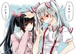  alternate_hairstyle black_hair bow fang fujiwara_no_mokou grey_eyes hair_bow hair_ribbon houraisan_kaguya long_hair long_sleeves mimoto_(aszxdfcv) multiple_girls open_mouth red_eyes ribbon shirt short_sleeves silver_hair smile suspenders touhou translated tress_ribbon twintails very_long_hair 