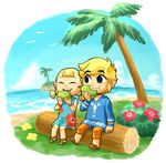  1boy 1girl 2013 aryll blonde_hair dress eating eyes_closed floral_print flower food island link log ocean palm_tree sen_(pixiv111638) sitting smile the_legend_of_zelda the_legend_of_zelda:_the_wind_waker tree tunic twintails wind_waker 