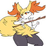  ambiguous_gender big_ears black_nose braixen canine chest_tuft ear_fluff fennec fox fur holding mammal nintendo plain_background pok&eacute;mon red_eyes slit_pupils snout solo standing stick thick_thighs tuft video_games white_background white_fur wide_hips yellow_fur ylwkirby 