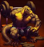  anthro bodybuilder bulge clothed clothing dinosaur eyebrow_piercing facial_piercing forge_(artist) half-dressed huge_muscles male muscles nipple_piercing nipples pecs piercing reptile scalie shorts sitting solo thewielder tyrannosaurus_rex weight_bench weightlifting weights yellow_eyes zeke 