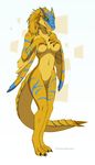  anthro blonde_hair claws dragon female green_eyes hair monster_hunter nude scalie silver-spirit666 solo standing stripes tigrex toe_claws video_games wings wyvern yellow_body 