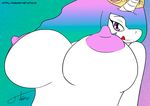  abstract_background anthro bedroom_eyes big_breasts breasts equine female friendship_is_magic fur hair hi_res horn horse long_hair looking_at_viewer mammal multi-colored_hair my_little_pony nipples otakon_(artist) pony presenting princess_celestia_(mlp) purple_eyes smile solo tongue unicorn white_fur 