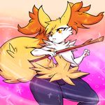  ambiguous_gender big_ears black_nose braixen canine chest_tuft ear_fluff fennec fox fur holding mammal nintendo pok&eacute;mon red_eyes slit_pupils snout solo standing stick thick_thighs tuft video_games white_fur wide_hips yellow_fur ylwkirby 