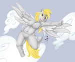  anthro blonde_hair breasts clitoris cloud cutie_mark derpy_hooves_(mlp) equine feathers female flying friendship_is_magic fur grey_fur hair hi_res hooves long_hair looking_at_viewer mammal my_little_pony navel nipples nude open_mouth outside pegasus presenting pussy shigoto smile solo stretching wings yellow_eyes 