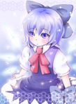  blue_dress blue_eyes blue_hair blue_ribbon blush bow bowtie cirno dress dress_shirt hair_bow highres ice ice_wings looking_up manatee-lettuce puffy_short_sleeves puffy_sleeves red_ribbon ribbon shirt short_hair short_sleeves skirt smile snow snowing solo touhou white_shirt wings 