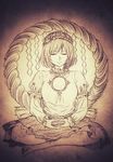  absurdres bad_id bad_pixiv_id barefoot closed_eyes dhyana_mudra highres indian_style meditation mirror monochrome mudra nora_wanko rope sepia shimenawa sitting sketch solo touhou yasaka_kanako 