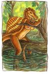 breasts caribou_(artist) dinosaur female forest non-mammal_breasts pussy scalie solo spinosaurus theropod thick_tail tree water 