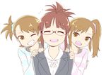  :d ^_^ akizuki_ritsuko antenna_hair brown_eyes brown_hair closed_eyes dated futami_ami futami_mami girl_sandwich glasses grin hands_on_another's_shoulder idolmaster idolmaster_(classic) multiple_girls nagian one_eye_closed open_mouth sandwiched short_hair smile 