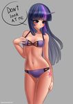  blush bra breasts cleavage clothed clothing cutie_mark embarrassed english_text friendship_is_magic grey_background hair hand_on_breast hi_res horn human humanized long_hair looking_away mammal multi-colored_hair my_little_pony navel panties plain_background purple_eyes racoon-kun solo speech_bubble text twilight_sparkle_(mlp) under_boob underwear 