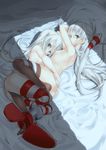  amatsukaze_(kantai_collection) ass ass_grab azame00 bad_anatomy bangs bed_sheet breasts brown_eyes brown_legwear hair_tubes hands_on_ass high_heels highres hug kantai_collection leg_between_thighs long_hair looking_at_viewer lying md5_mismatch multiple_girls nude on_side pillow shadow shimakaze_(kantai_collection) silver_hair small_breasts striped striped_legwear thighhighs yellow_eyes yuri 