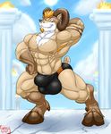  2014 aaron_(character) abs anthro armpit_hair bighorn_sheep blonde_hair bulge caprine clothing column digitigrade fire hair hand_on_head hand_on_hip hooves horn hungothenomster looking_at_viewer male mammal muscles pose red_eyes sheep solo standing underwear 